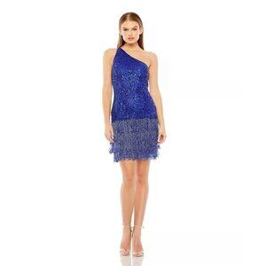 Mac Duggal Sequined Mini Dress NEW Cobalt Blue One Shoulder Fringe Hem Size 6
